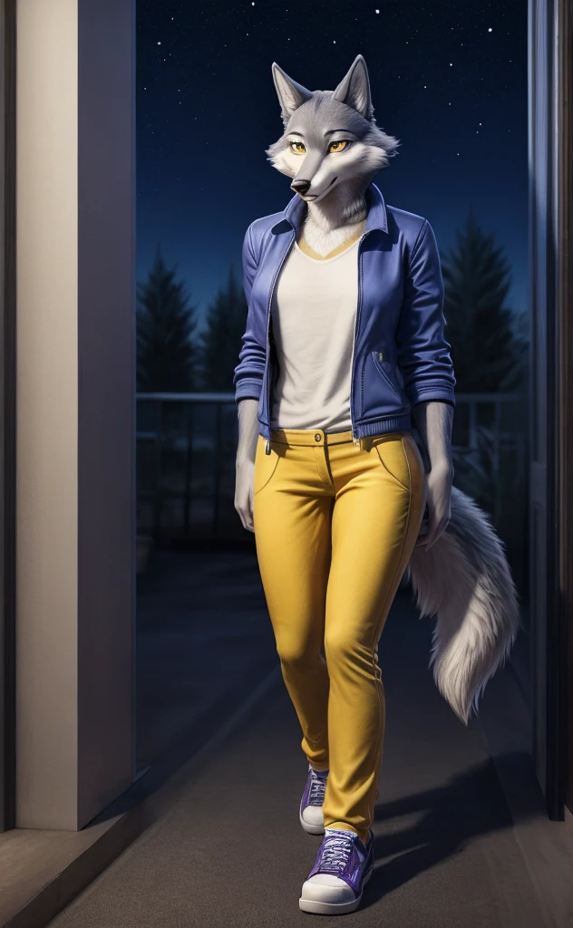 Porsha is a tall Arctic-gray wolf with yellow eyes and bluish-grey and white fur. She wears purple sunglasses, a dark blue jacket with multicolored accents, yellow trousers, grey and white sneakers, and a blue vintage t-shirt, anthro wolf, female, adult, blue fur, buffed body, tail, sexy, beefy body, furred body, furry chest hair, realistic, full body, photorealistic, ultra realistic, 8k, night, bare-chested