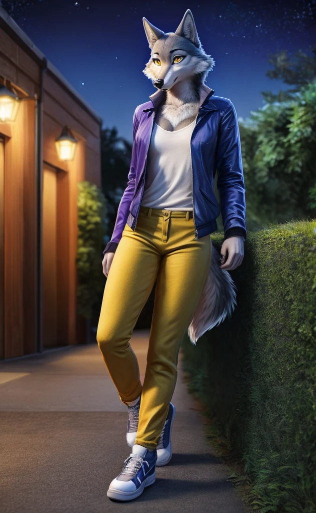 Porsha is a tall Arctic-gray wolf with yellow eyes and bluish-grey and white fur. She wears purple sunglasses, a dark blue jacket with multicolored accents, yellow trousers, grey and white sneakers, and a blue vintage t-shirt, anthro wolf, female, adult, blue fur, buffed body, tail, sexy, beefy body, furred body, furry chest hair, realistic, full body, photorealistic, ultra realistic, 8k, night, bare-chested