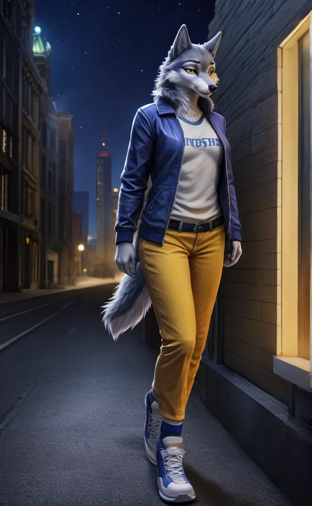 Porsha is a tall Arctic-gray wolf with yellow eyes and bluish-grey and white fur. She wears purple sunglasses, a dark blue jacket with multicolored accents, yellow trousers, grey and white sneakers, and a blue vintage t-shirt, anthro wolf, female, adult, blue fur, buffed body, tail, sexy, beefy body, furred body, furry chest hair, realistic, full body, photorealistic, ultra realistic, 8k, night, bare-chested
