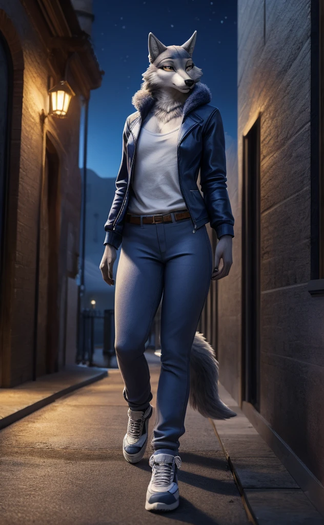 Porsha is a tall Arctic-gray wolf with yellow eyes and bluish-grey and white fur. She wears purple sunglasses, a dark blue jacket with multicolored accents, yellow trousers, grey and white sneakers, and a blue vintage t-shirt, anthro wolf, female, adult, blue fur, buffed body, tail, sexy, beefy body, furred body, furry chest hair, realistic, full body, photorealistic, ultra realistic, 8k, night, bare-chested