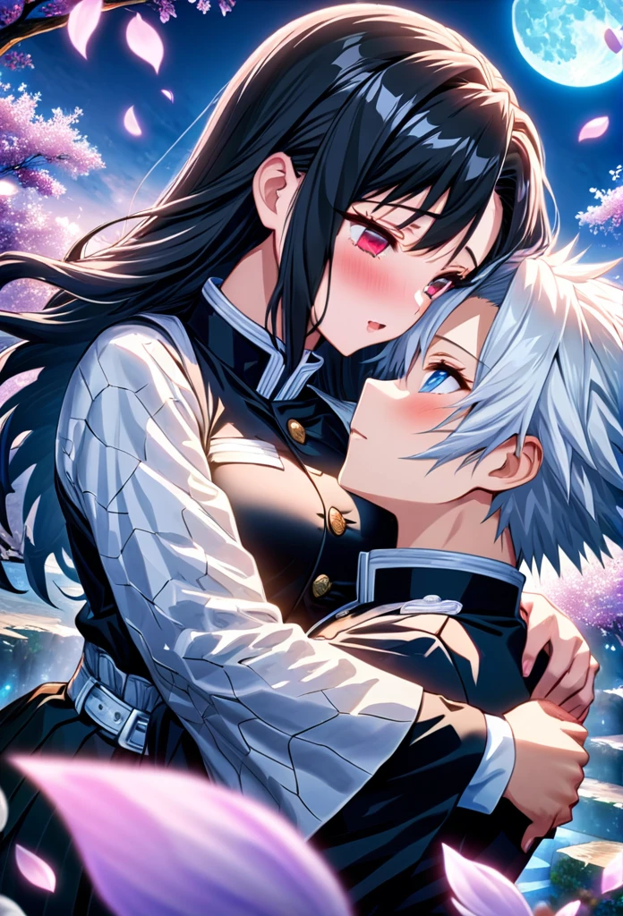 Ultra detailed, highres, absurdres, HDR, master piece, anime girl, pretty woman with black long hair, girl with expressive blue eyes, black demon slayer uniform, Kimetsu No Yaiba, fantasy, petals, white flowers, pretty, boy with white hair, boy with red eyes, huging, romance, magic, moon, best quality, extremely detailed face, love, passion, romance, anime, they are realy in love, love hug