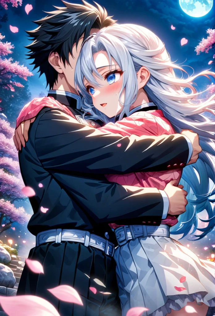 Ultra detailed, highres, absurdres, HDR, master piece, anime girl, pretty woman with black long hair, girl with expressive blue eyes, black demon slayer uniform, Kimetsu No Yaiba, fantasy, petals, white flowers, pretty, boy with white hair, boy with red eyes, huging, romance, magic, moon, best quality, extremely detailed face, love, passion, romance, anime, they are realy in love, love hug