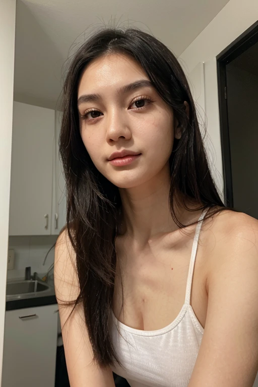 20-year-old woman shoulder-length black hair straight white face thin nose outlined Asian features