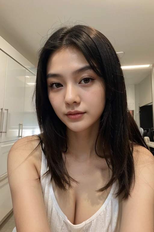 20-year-old woman shoulder-length black hair straight white face thin nose outlined Asian features