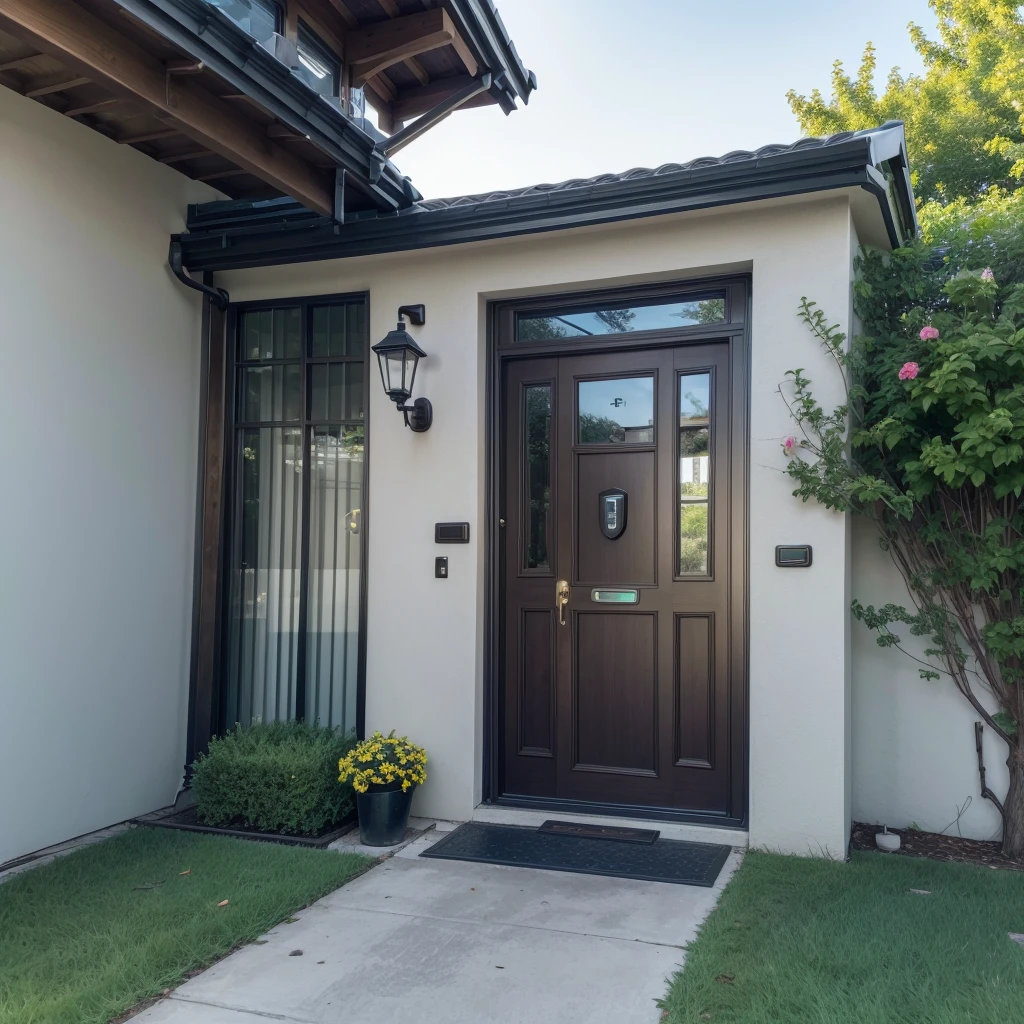 High-quality image of a business or residential environment with visible security features such as: Security camera, electronic gate, eletronic lock.