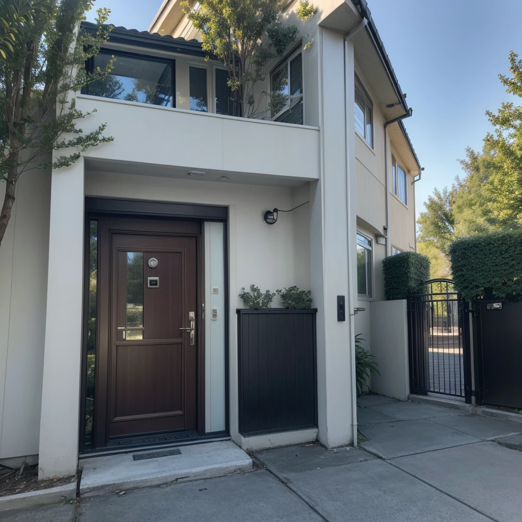 High-quality image of a business or residential environment with visible security features such as: Security camera, electronic gate, eletronic lock.