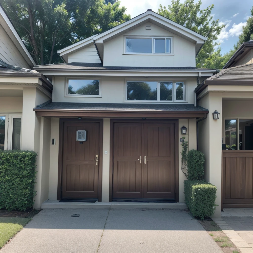 High-quality image of a business or residential environment with visible security features such as: Security camera, electronic gate, eletronic lock.