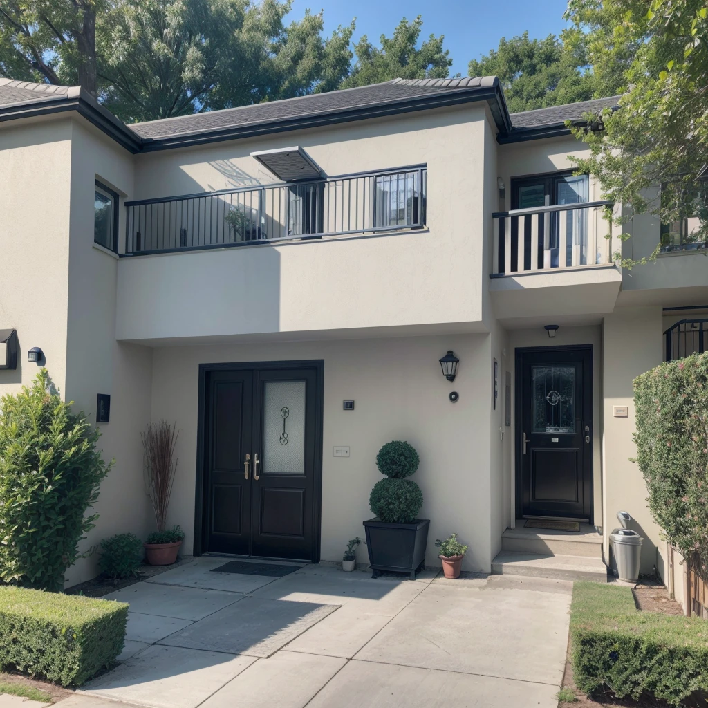 High-quality image of a business or residential environment with visible security features such as: Security camera, electronic gate, eletronic lock.