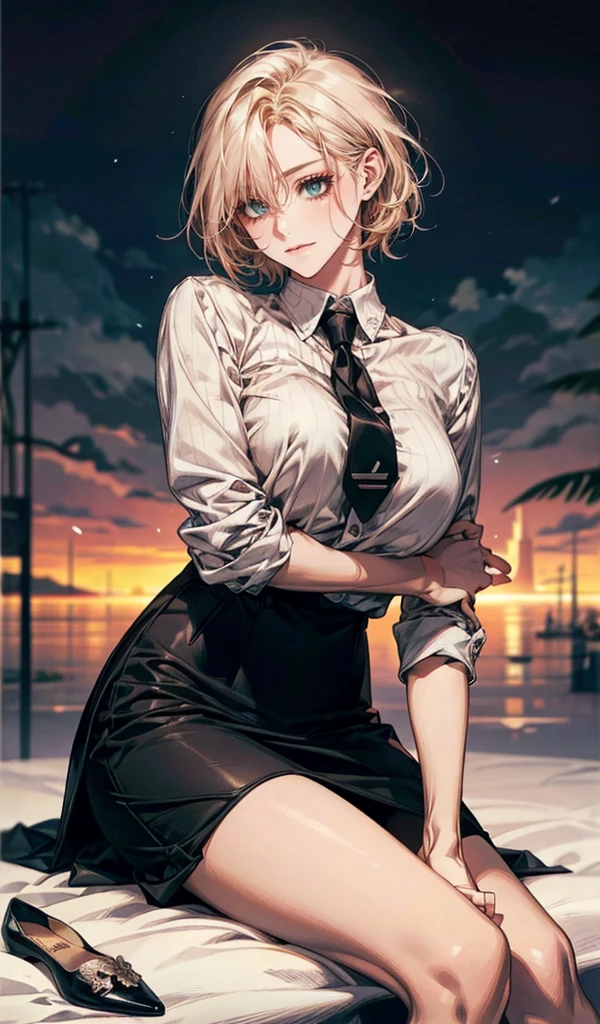 Please follow the all prompts below exactly and faithfully, This is a breathtaking masterpiece of digital illustration, with maximum resolution, UHD, 512K, 2160p, 10 million ppi, 300 million dpi, natural color tones, ultra sharp details, perfect outlines with contrast, ((smooth, soft and clearly and most realistic skin and hair texture)), most beautiful detailed eye features, perfect anatomically correct human body, beautiful background with depth, rule of thirds, depth of field, Maximize all element is used to its full potential to create the best digital illustrations, 1woman, sexy:1.5, beautiful face sharp, elegant woman, perfect body style, slender, beautiful big breasts, green eyes, blonde hair, hair over one eye, short hair, glossy very thick lips:0.7, pink lipstick:0.7, smile,Business attire for adult women, office lady outfit, summer wear, tight skirt, no necktie, short-sleeved blouse, light fabric, professional look, elegant design, comfortable fit, pastel colors, minimal accessories, closed-toe shoes, breathable material, modern style, suitable for office environment.
