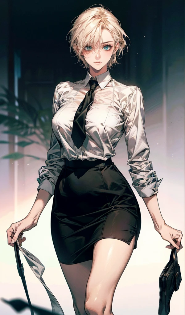 Please follow the all prompts below exactly and faithfully, This is a breathtaking masterpiece of digital illustration, with maximum resolution, UHD, 512K, 2160p, 10 million ppi, 300 million dpi, natural color tones, ultra sharp details, perfect outlines with contrast, ((smooth, soft and clearly and most realistic skin and hair texture)), most beautiful detailed eye features, perfect anatomically correct human body, beautiful background with depth, rule of thirds, depth of field, Maximize all element is used to its full potential to create the best digital illustrations, 1woman, sexy:1.5, beautiful face sharp, elegant woman, perfect body style, slender, beautiful big breasts, green eyes, blonde hair, hair over one eye, short hair, glossy very thick lips:0.7, pink lipstick:0.7, smile,Business attire for adult women, office lady outfit, summer wear, tight skirt, no necktie, short-sleeved blouse, light fabric, professional look, elegant design, comfortable fit, pastel colors, minimal accessories, closed-toe shoes, breathable material, modern style, suitable for office environment.
