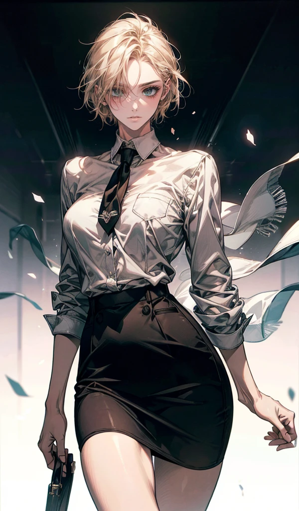 Please follow the all prompts below exactly and faithfully, This is a breathtaking masterpiece of digital illustration, with maximum resolution, UHD, 512K, 2160p, 10 million ppi, 300 million dpi, natural color tones, ultra sharp details, perfect outlines with contrast, ((smooth, soft and clearly and most realistic skin and hair texture)), most beautiful detailed eye features, perfect anatomically correct human body, beautiful background with depth, rule of thirds, depth of field, Maximize all element is used to its full potential to create the best digital illustrations, 1woman, sexy:1.5, beautiful face sharp, elegant woman, perfect body style, slender, beautiful big breasts, green eyes, blonde hair, hair over one eye, short hair, glossy very thick lips:0.7, pink lipstick:0.7, smile,Business attire for adult women, office lady outfit, summer wear, tight skirt, no necktie, short-sleeved blouse, light fabric, professional look, elegant design, comfortable fit, pastel colors, minimal accessories, closed-toe shoes, breathable material, modern style, suitable for office environment.