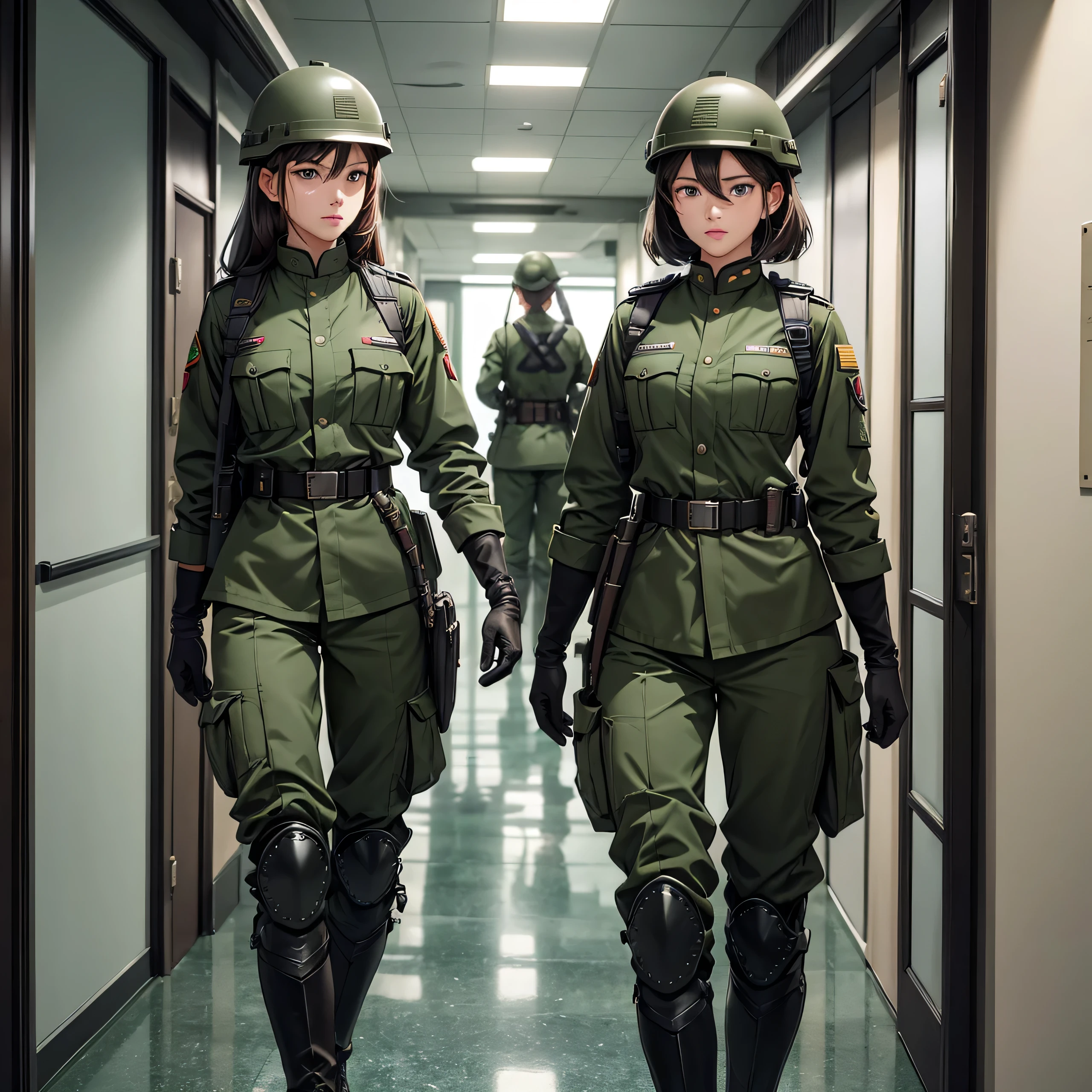 Two female soldiers wearing helmets、Standing guard in the office corridor、Dark green military uniform、Military Pants、Armed belts、Riding boots、Gloves、Seven-point lens、Write details、masterpiece、best quality、Highly detailed CG、8K picture quality