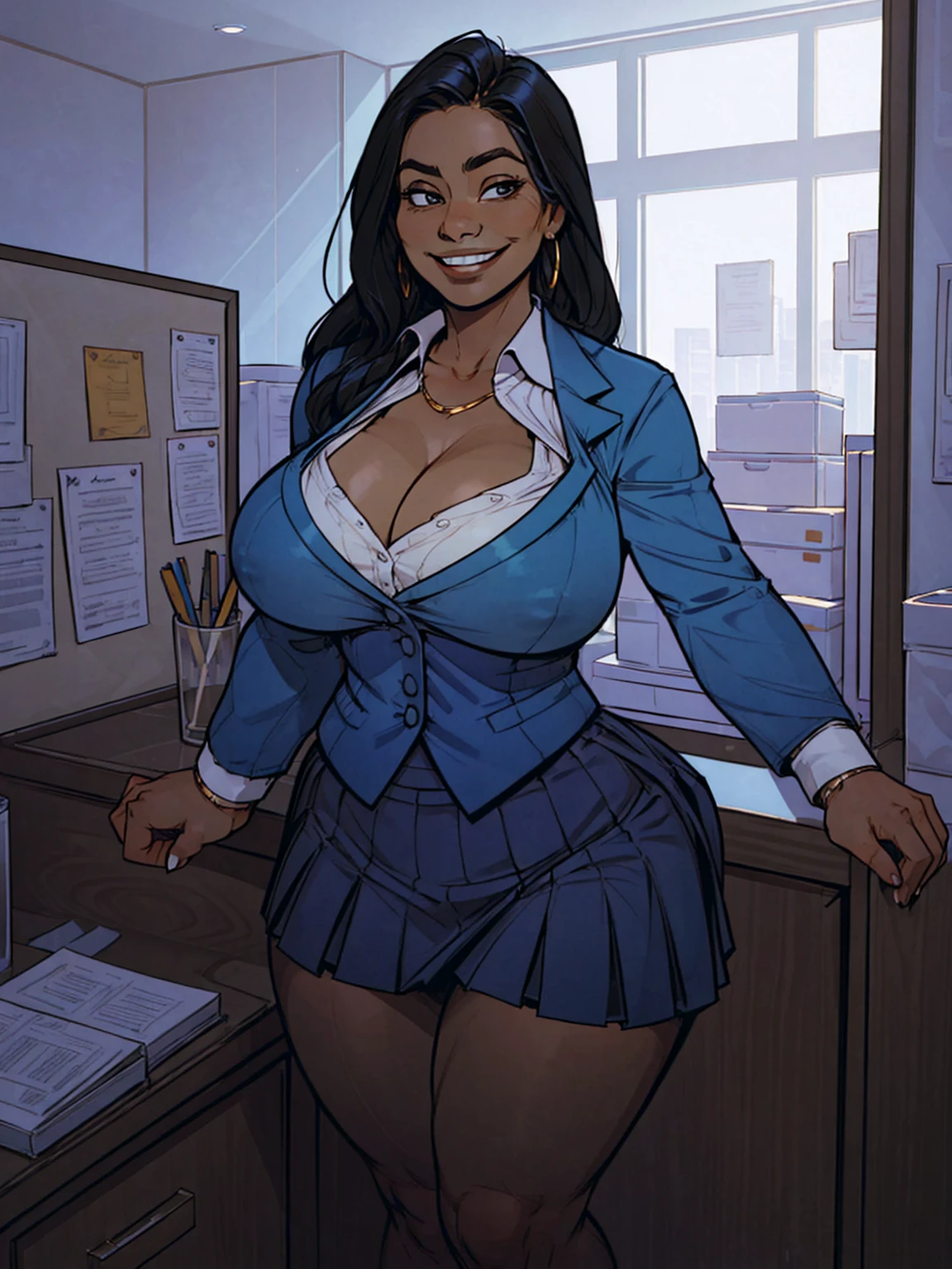 1girl, woman, best quality, beautiful, long hair, masterpiece, black hair, smiling, hourglass figure, wide hips, large breasts, blue suit, white blouse, cleavage, pleated blue skirt, business attire, travel agency, office, standing upright, smiling, thick thighs, looking at viewer,