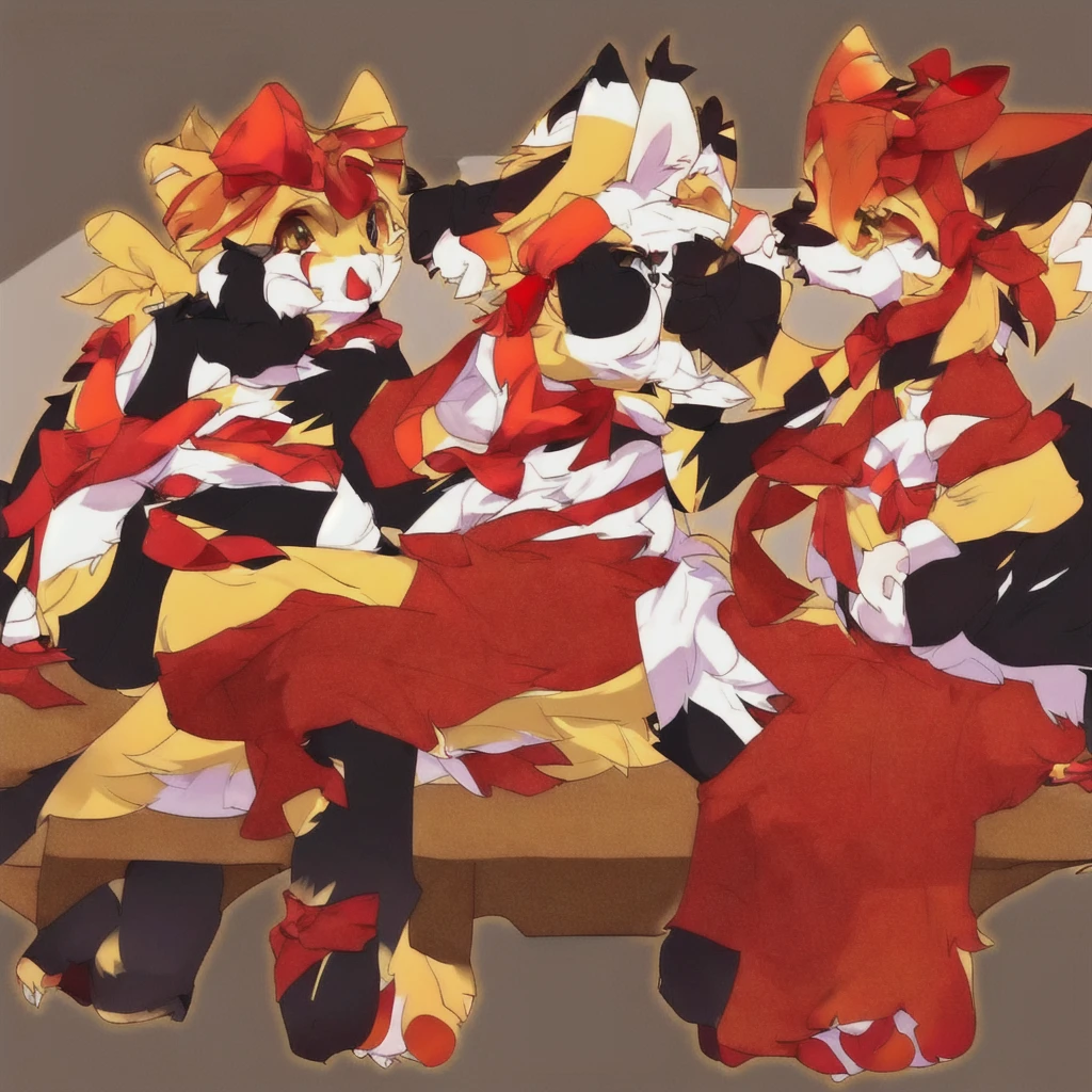 Cat wearing a bow tie in two different poses, Total commission, Fulfiniti Committee, Suitable for whole body, fursona committee, Reference table, black、and red scheme, Fursona Furry Arts Council, Eye-catching and detailed art style, Adaptable personality, furaffinity fursona, Fur Affinity Committee, Detailed full body concept
