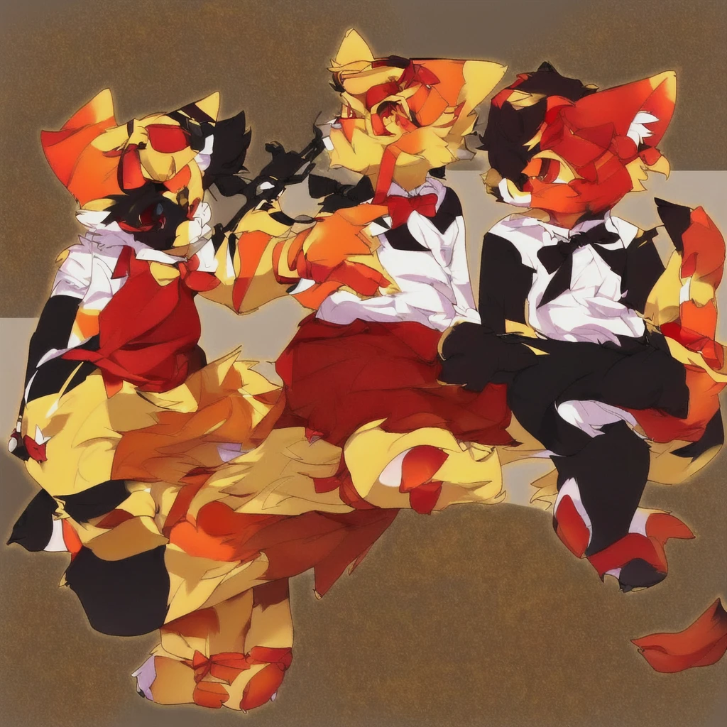 Cat wearing a bow tie in two different poses, Total commission, Fulfiniti Committee, Suitable for whole body, fursona committee, Reference table, black、and red scheme, Fursona Furry Arts Council, Eye-catching and detailed art style, Adaptable personality, furaffinity fursona, Fur Affinity Committee, Detailed full body concept