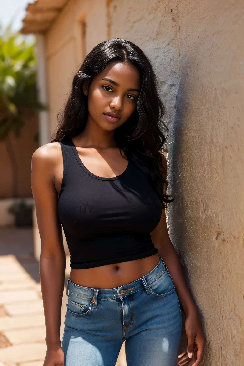 Sudanese teen girl, heavy breasts, dark skin,loose curls, long black hair, pink tanktop, blue jeans