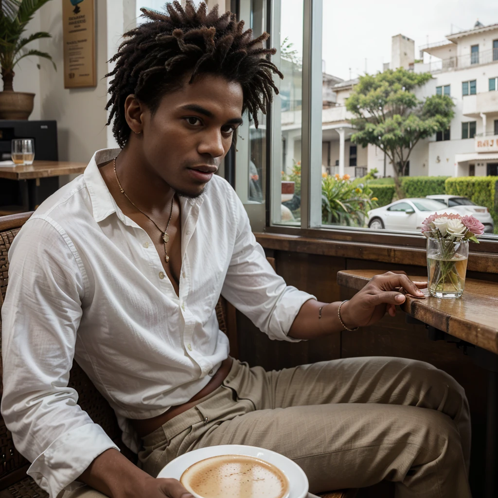 a 25 year old (caribbean) man, confident, masculine, jawline, indoors, looking in the camera, sitting at a cafe, on a date, morning time, brightness, perfect outfit, aromatic atmosphere, flowers