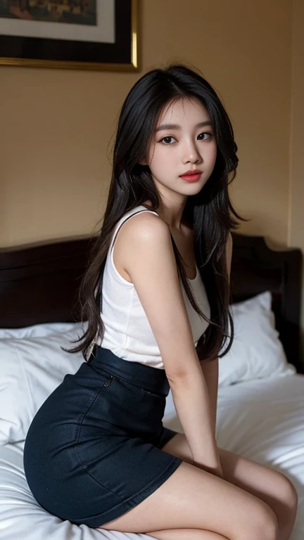 1 Girl,bedroom,Soft Light,Chinese Beauty,skirt,Dark-haired,long hair,