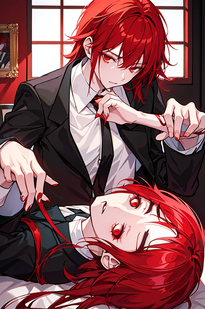 there is a one woman with red hair wearing a black tie, handsome japanese demon girl, androgynous vampire, delicate androgynous prince, cai xukun, pale red, with long red hair,girl ulzzang, beautiful androgynous prince, with red hair, rias gremory, red wig, 1 7 - year - old anime goth girl