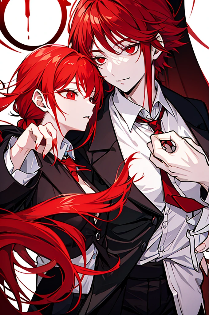 there is a one woman with red hair wearing a black tie, handsome japanese demon girl, androgynous vampire, delicate androgynous prince, cai xukun, pale red, with long red hair,girl ulzzang, beautiful androgynous prince, with red hair, rias gremory, red wig, 1 7 - year - old anime goth girl