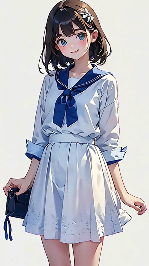 (1 Girl、alone、whole body、14 years old、natural standing posture)、(Standing casually)、(whole body:1.4)、(whole bodyショーケース)、(whole bodyを見せる)、((Character Concept Art))、(Portraiture:1.2)、(Detailed facial depiction、Carefully drawn face、A kind smile)、Short dark brown hair、Sailor suit、Navy blue sailor collar、uniform、Short skirt:1.37、超Short skirt、shoes、loafers、(Vintage、Classic)、((No background))、((White Background))、Blur the background、(No logo)、((watercolor))、Impressionist style painting、(Highest quality、masterpiece)、