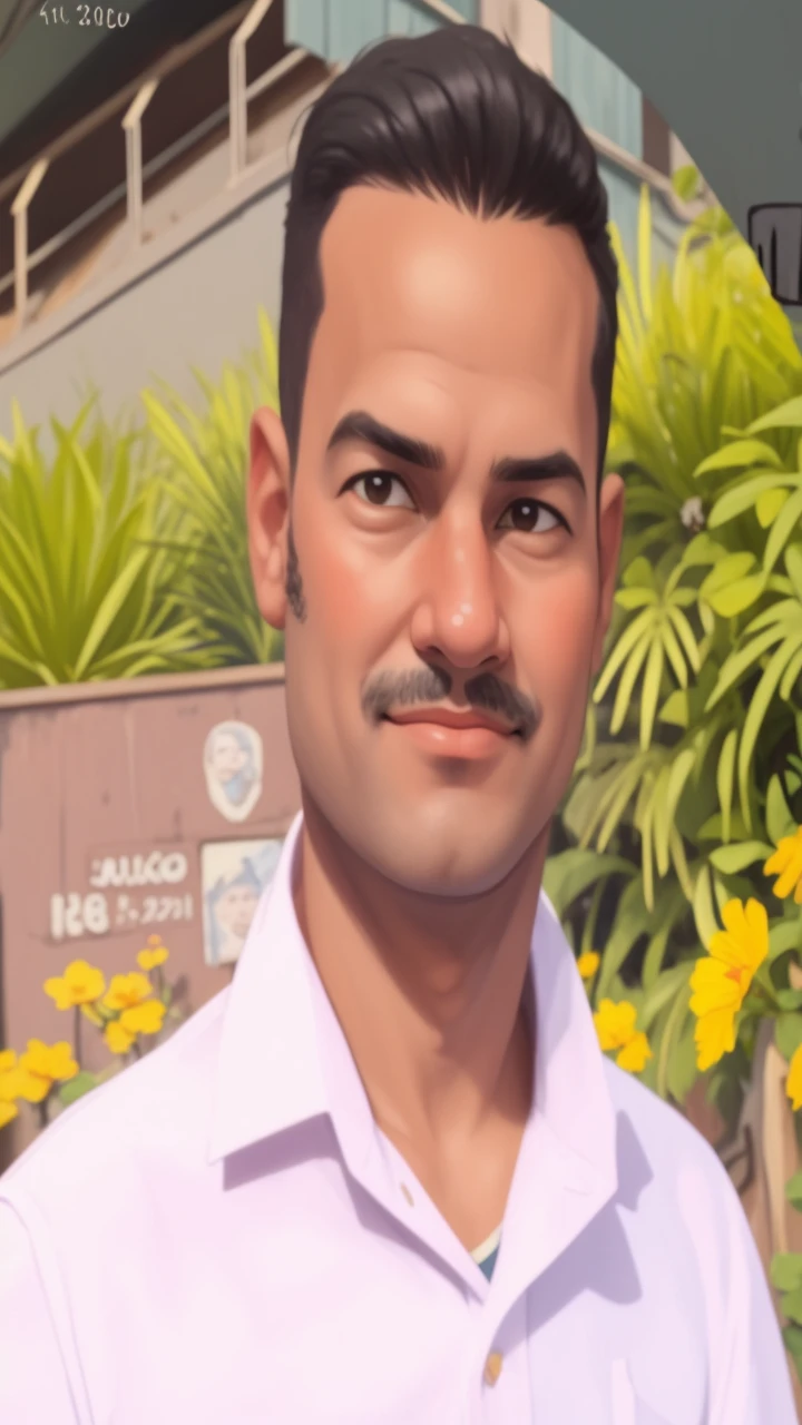 Retrato realista de um de sete anos, Ele usa uma camisa vermelha . Your face is and exploratory . Ele sai cautelosamente para o jardim da casa, A small cat is among the bushes and he touches it cautiously ,Not facing the camera,, Hair is messy ,