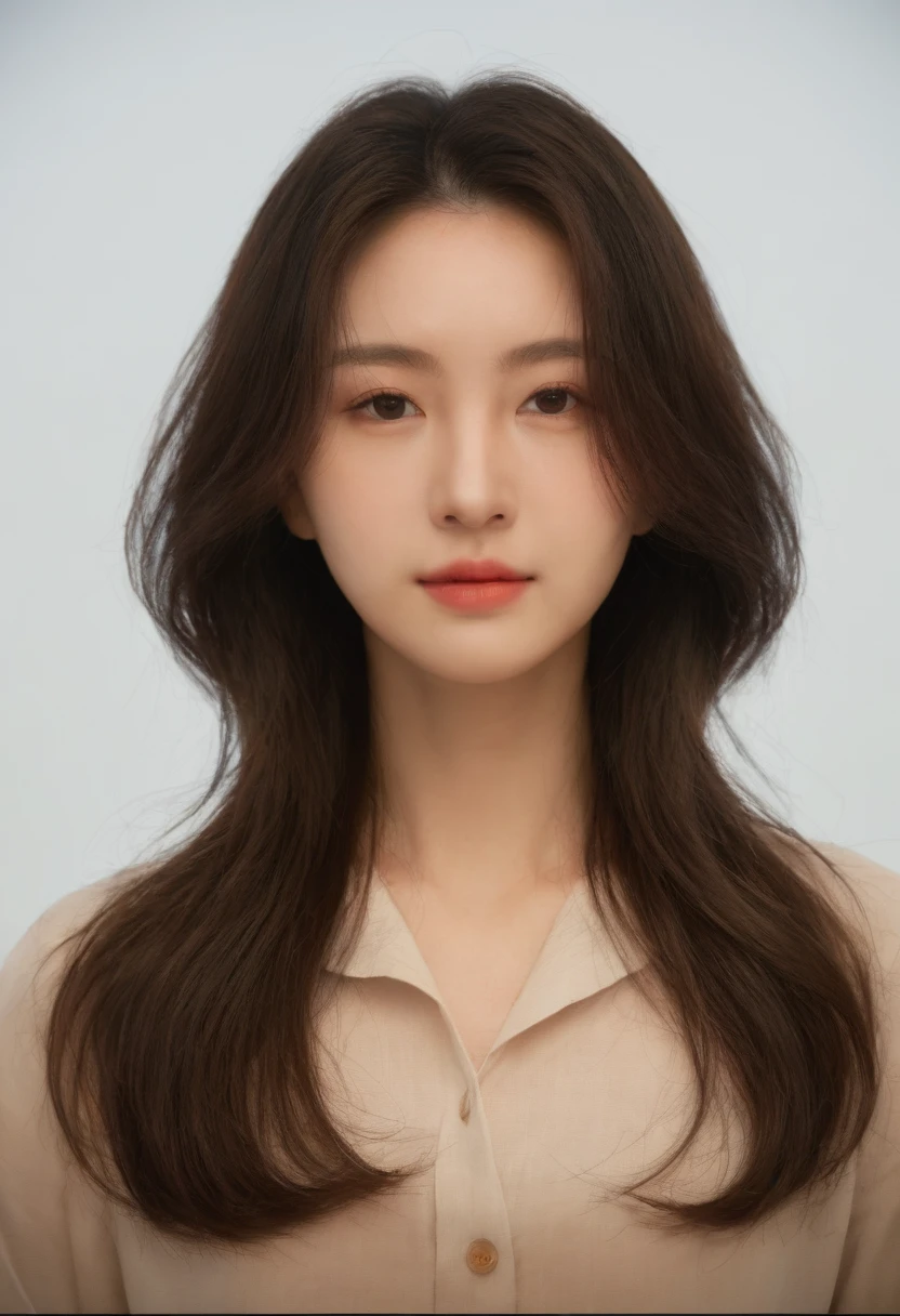 Best Quality, 8k, Masterpiece, (Portrait: 1.3), (photo realistic:1.4), (hyper realistic:1.4), Sharp Focus, looking at viewer, (smoother lighting:1.1), (increase cinematic lighting quality:0.9), realistic lighting, backlighting, light on face, ray trace, (brightening light:1.2), (Increase quality:1.4), sharp detail, (best quality real texture skin:1.4), finely detailed eyes, black_eyes, finely detailed face, 25 year old Korean woman, (white formal_shirt:1.4), (Create an image maintaining the original base model hairstyle:1.5)