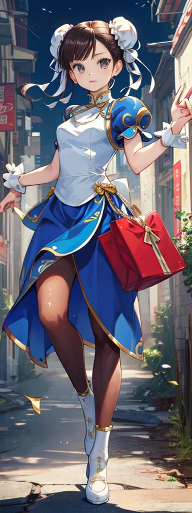 chun-li,((masterpiece)), ((best quality)), ((ultra detailed)), ((kawaii)), cute, (lovely), ((extremely detailed)), ((8K)), (beautiful),flat breast, tiny breast,full body
