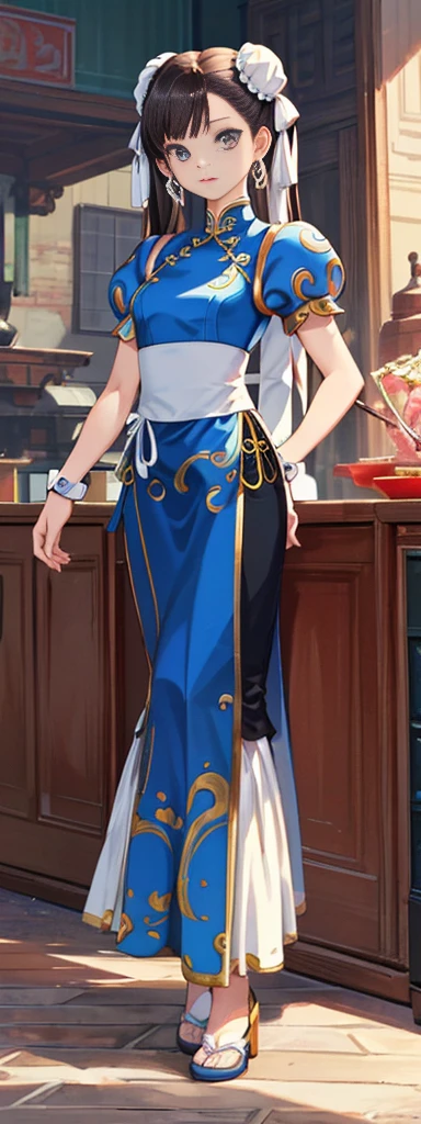 chun-li,((masterpiece)), ((best quality)), ((ultra detailed)), ((kawaii)), cute, (lovely), ((extremely detailed)), ((8K)), (beautiful),flat breast, tiny breast,full body