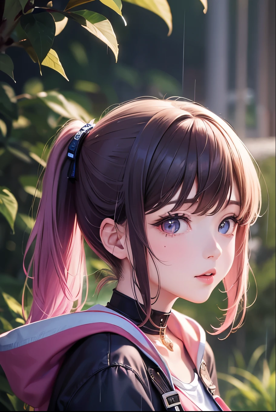masterpiece, best quality, highly detailed, high resolution, expensive resolution, high resolution, 4k, 8k, uniform 8k wallpaper, highly detailed CG, masterpiece, 2d, 3d, beautiful details, depth, fine texture, best quality: 1.3, perfectly focused, sharp. skin, him, very cute anime girl, her name is Mei, short pigtails, idol, in the rain, expensive pink short pigtails, mole under eye, looking at the viewer, expensive, blush, mole, open lips, pink eyes, heart shaped choker, smiling face