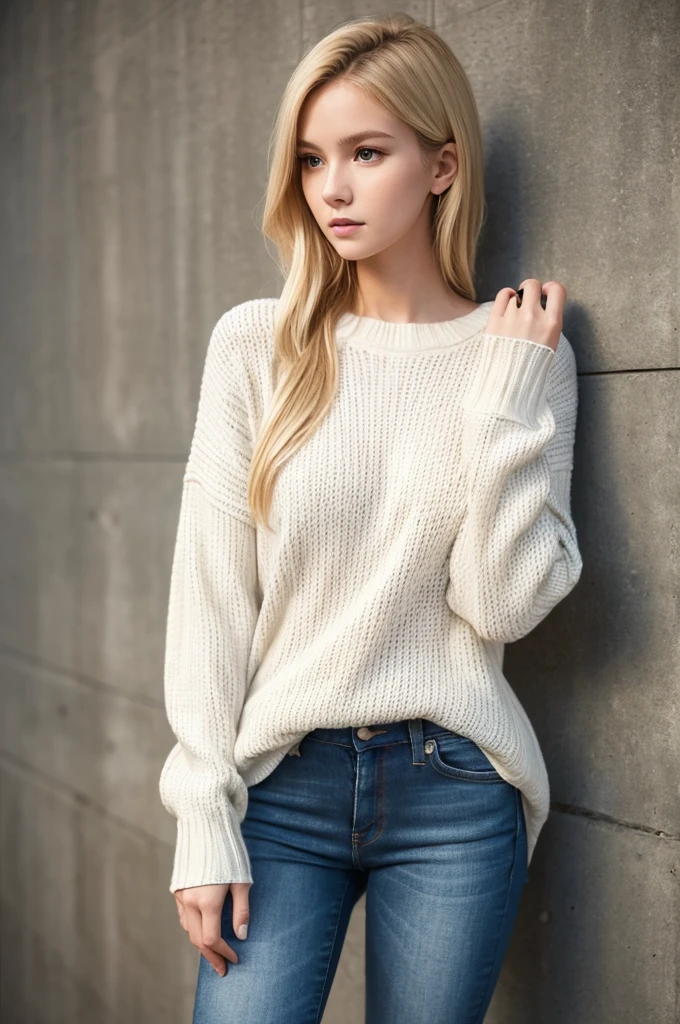 White woman wearing a rib knit sweater on her black skinny jeans, slender, confused face, , The right hand puts your hand on your thigh and the left hand puts your hand on your waist,full body, blonde,standing