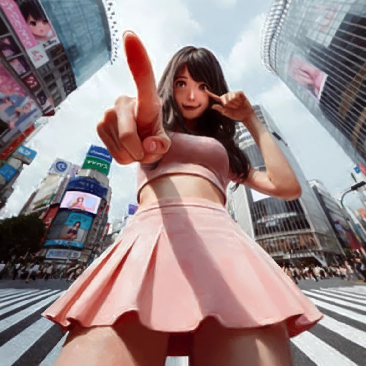 One girl, alone, Glasses, Black Hair, Long Hair, Duffle coat, Black Bag, smile, View your viewers, alone focus,
Shibuya SK, Outdoor, 横断歩road, Day, Real-world locations, 6+boy, road, city, null, street, cloud, scenery, building, signal machine, blue null, sign, multiple boy, crowd, Multiple Girls, walking, 6+Girl's masterpiece, Highest quality,"Photo-like image, 4K, a 19-year-old Slavic girl with big eyes standing in a pink miniskirt. The perspective is looking up at her from below. The background is the middle of Shibuya's scramble crossing. She is She stands with her legs apart and her right hand extended straight upwards, pointing directly above the sky.'' Her expression is playful, with one hand in a finger gun pose and one eye winking. However, it is a challenging expression. ”
