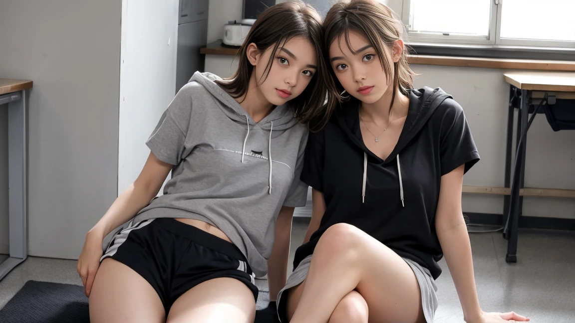 deux femmes ensemble de 18 ans sexy et mince , gray short sleeve hoodie , salle de classe, se touche,position sey,sensuel