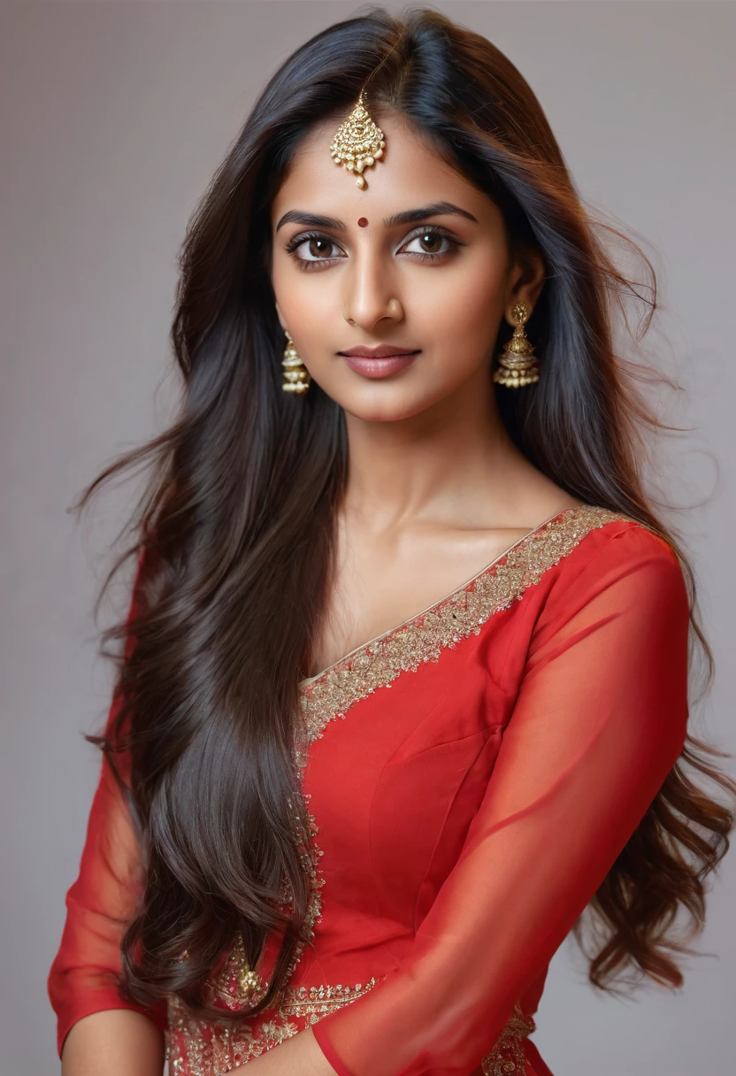 a very beautiful indian woman with long hair and a red dress, looking straight at camera, half portrait, photorealistic, photo-realistic:1.37, best quality, ultra-detailed, realistic, vivid colors, studio lighting, professional