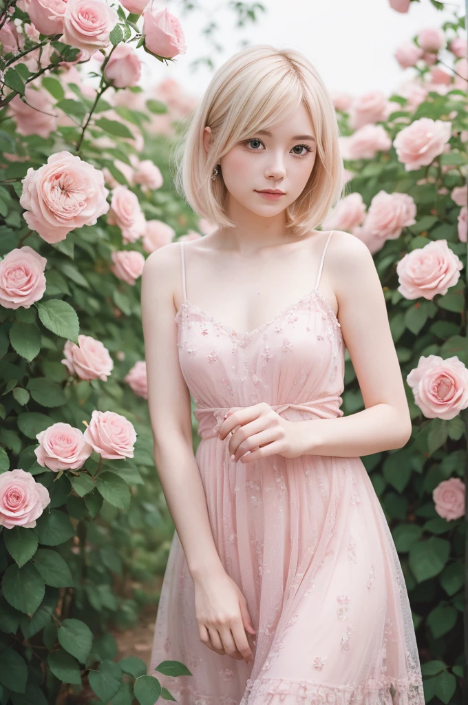 8K, RAW Photos, Fujifilm, Avril-like style photo of a beautiful young woman in a garden of pale pink roses (Highly detailed skin: 1.2) Style Petal Break Short Hair, Blonde and colored hair, Wearing a dress, Film Granulation, 35mm, Cute Style