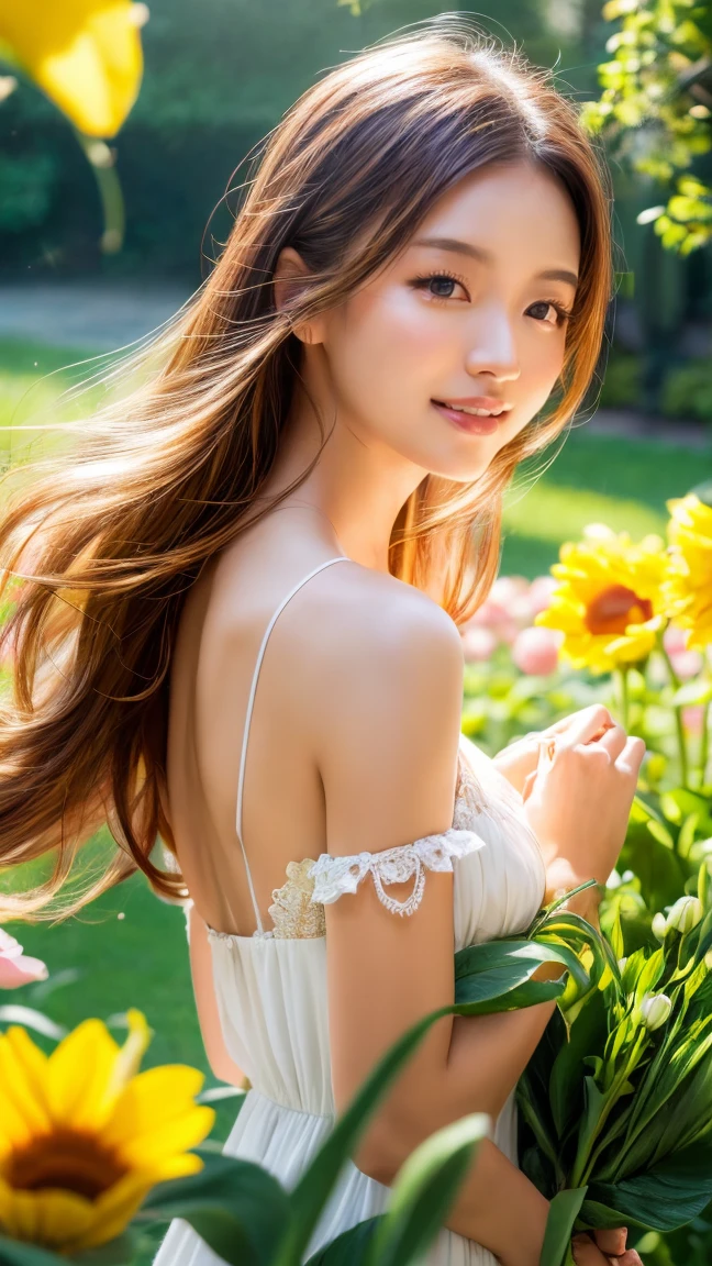Standing in a vibrant garden、A girl with beautiful, delicate eyes and lips, Surrounded by blooming flowers and lush greenery. She has long eyelashes、Adds elegance to the face。. Colorful flowers are blooming in the garden, Includes roses, Tulips, sunflower. wood々The sunlight shining through the gaps is gentle., Casts a warm, glowing glow on the scene. The girl is wearing a white dress fluttering in the wind, Give her a graceful and elegant look. She has a happy smile, Radiates happiness and satisfaction. The overall atmosphere of the work is realistic and photorealistic., Vivid colors and sharp focus. This piece expresses the beauty of nature.、Capturing the essence of a perfect moment。. The lighting is soft and delicate, Creates a sense of calm and serenity. The artwork is of the highest quality, Features ultra-detailed elements that bring every aspect of your scene to life. A masterpiece made with precision and passion..
