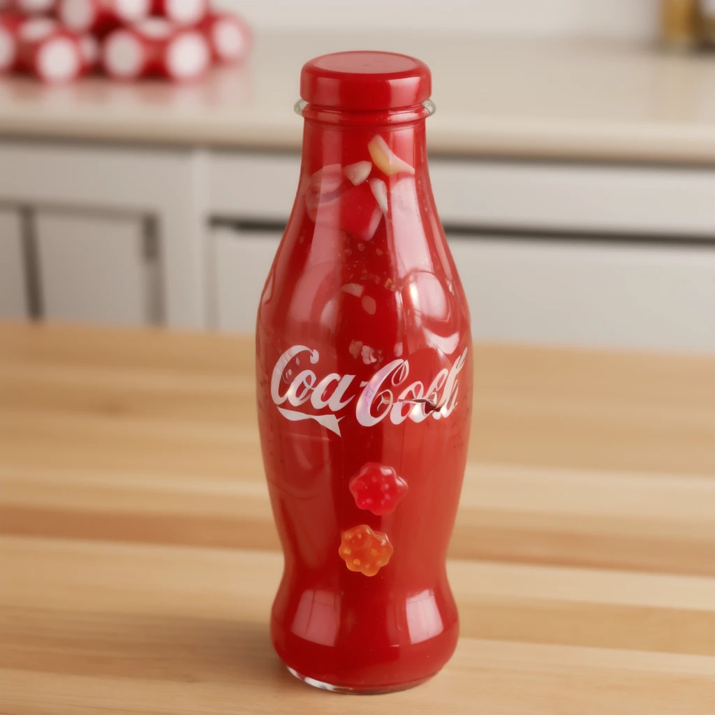 in the kitchen, on a wooden table, a red jelly bottle with a gummy candies inside of it, coca-cola, jelly texture, gummy texuture, candy, realistic texture, realistic style, detailed texture, high quality, high resolution, high quality rendering, realistic photo, brightning light, macro photo, ultra hd 4k
