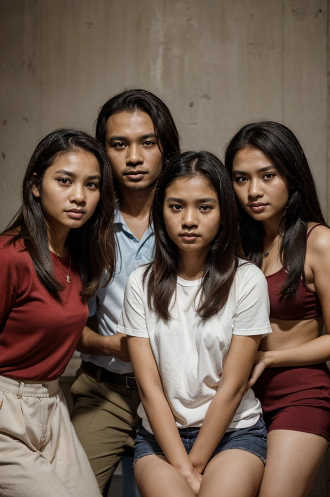 photo of an Indonesian family consisting of 4 people, a 35 year old man with neat hair, a mother with loose hair, a 15 year old boy, and a 13 year old daughter, photo studio, plain background, Realistic, HD