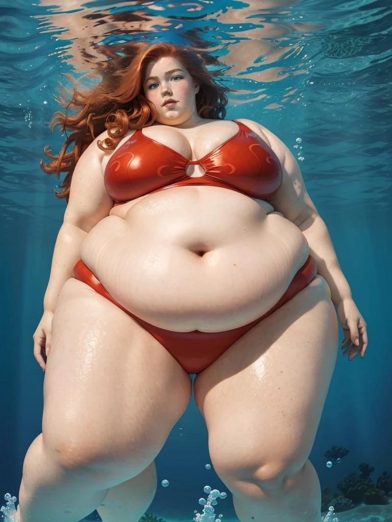 An underwater, below photo of a young beautiful redhead bbw with long wavy ginger hair soft fat belly, wide fat obese hips, thick fat legs and fat arms, cute pretty face, blue eyes, freckles, in a cute tight one-piece swimsuit, swimming underwater, diving in a beautiful sea