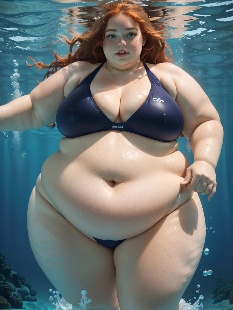 An underwater, below photo of a young beautiful redhead bbw with long wavy ginger hair soft fat belly, wide fat obese , thick fat legs and fat arms, cute pretty face, blue eyes, freckles, in a cute tight one-piece swimsuit, swimming underwater, diving in a beautiful sea