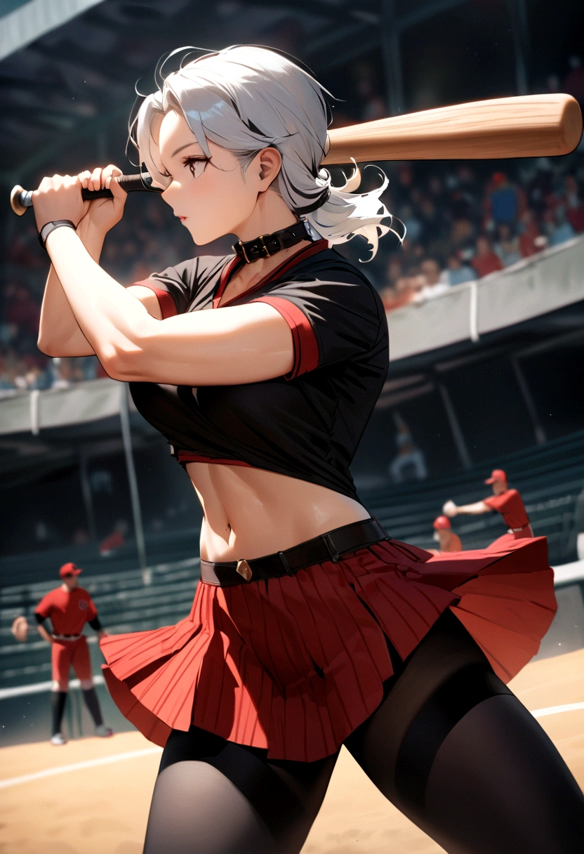 (Highest quality, Amazing visuals, High resolution, High resolution)、(A tall, slim beauty with long limbs)(Slim waist)(Trained abdominal muscles)(The field watched by spectators)、(Baseball bat{swing to hit a baseball)(Asian beauty baseball player), (Female Baseball Players), {Black shirt with collar(Red pinstripe、Short length、Belly button)}、Red skirt over black leggings、Black Sports Socks、Long silver hair, Sports photography、Full Swing、(A well-groomed and perfect face)、(Super Beauty)(Batting form)(Face facing left)
