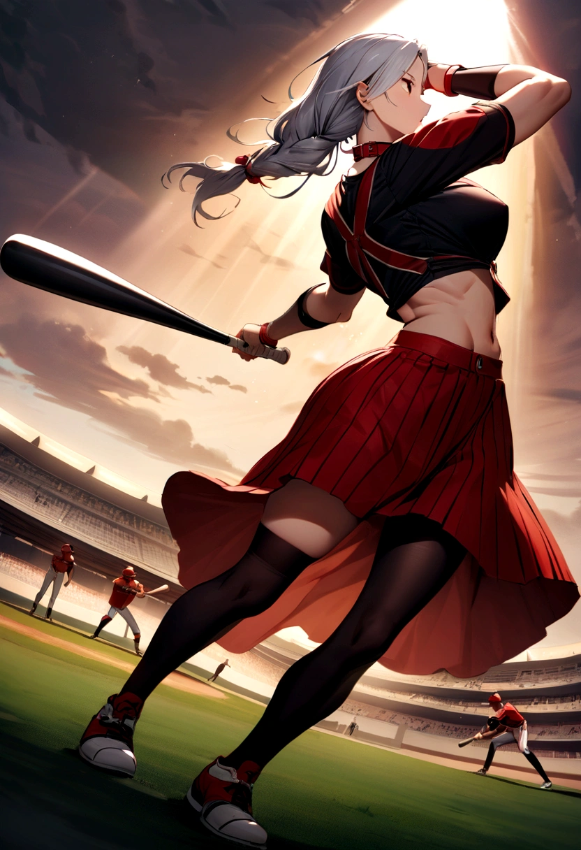 (Highest quality, Amazing visuals, High resolution, High resolution)、(A tall, slim beauty with long limbs)(Slim waist)(Trained abdominal muscles)(The field watched by spectators)、(Baseball bat{swing to hit a baseball)(Asian beauty baseball player), (Female Baseball Players), {Black shirt with collar(Red pinstripe、Short length、Belly button)}、Red skirt over black leggings、Black Sports Socks、Long silver hair, Sports photography、Full Swing、(A well-groomed and perfect face)、(Super Beauty)(Batting form)(Face facing left)