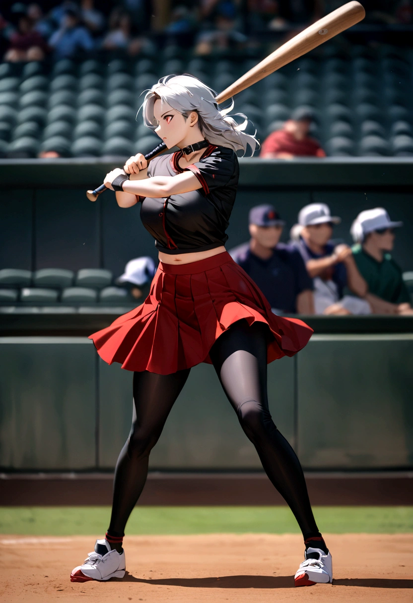 （Highest quality, Amazing visuals, High resolution, High resolution）、（A tall, slim beauty with long limbs）（Slim waist）（Trained abdominal muscles）（The field watched by spectators）、（Baseball bat{swing to hit a baseball）（Asian beauty baseball player）, （Female Baseball Players）, {Black shirt with collar（Red pinstripe、Short length、Belly button）｝、Red skirt over black leggings、Black Sports Socks、Long silver hair, Sports photography、Full Swing、（A well-groomed and perfect face）、（Super Beauty）（Batting form）（Face facing left）