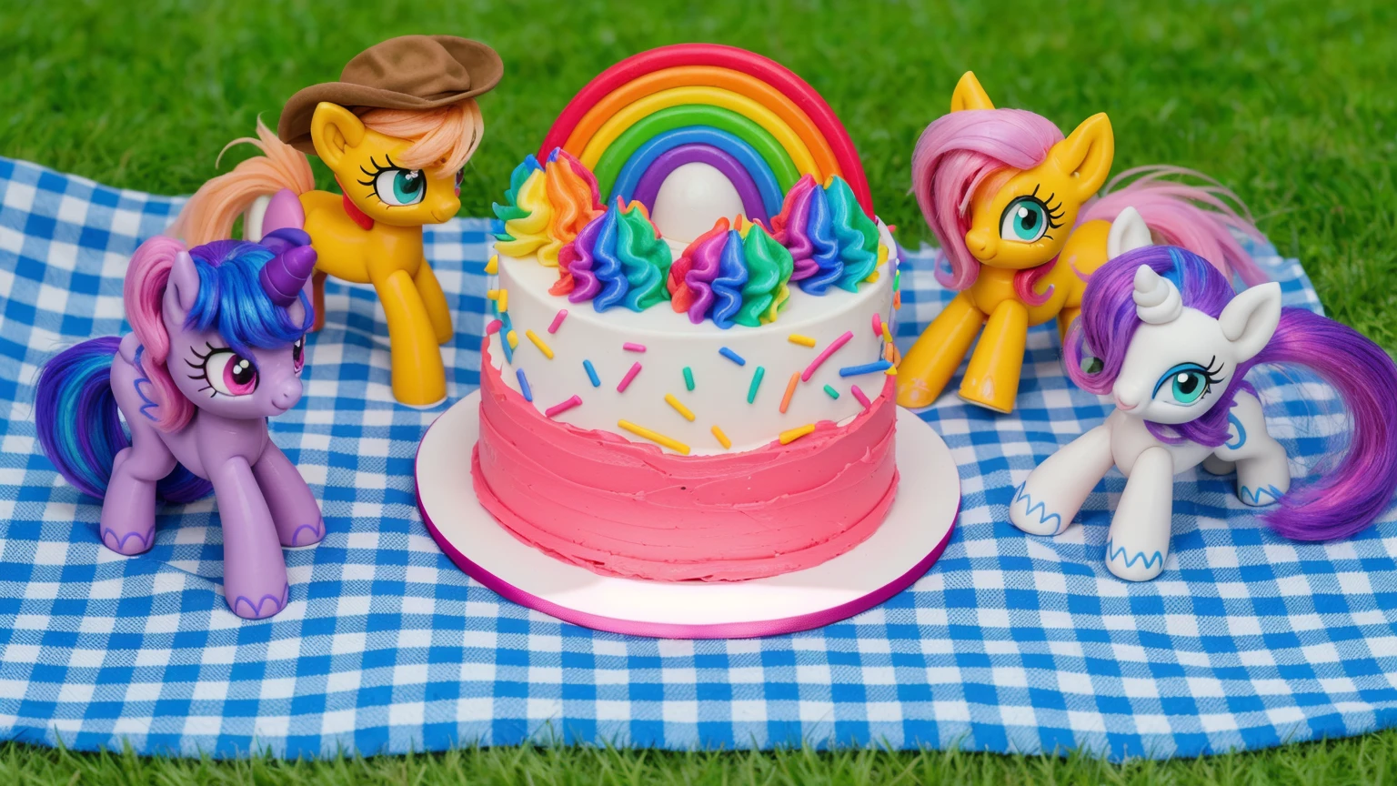 on the grass, blue checkered tablecloth. there is a white plate with cake, white and pink cream cake, Rainbow confectionery powder on the cake, rainbow gradient cream on top, polymer clay rainbow, рядом стоят пластиковые pony toys из мультфильма My Little Pony, pony toys, purple pony with wing and horn, orange pony with hat and yellow hair, yellow pony with pink hair, white pony with purple hair and horn.  beautiful light, sunlight, sunny day, beautiful lighting, bright announcement, Multiple light sources, Realistic style, realistic textures, high quality, high detail, detailed textures, ultra 4k hd