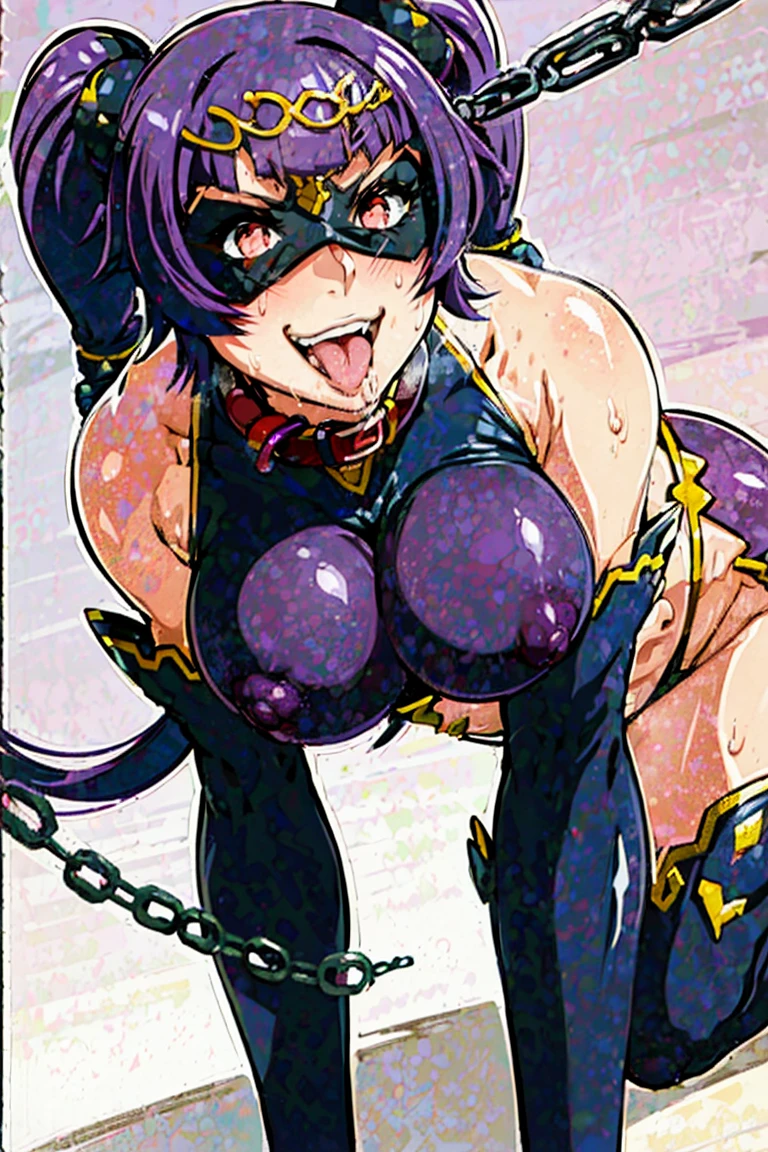 1girl, solo, huge breasts, cleavage, Chubby, (((blindfold mask))), (((chain leash, animal collar, animal collar connected chain leash))), (((hand on the ground, on all fours))), masterpiece, best quality, ultra detailed, super fine illustration, purple hair, nsfw, sexual ecstasy smile, voluptuous, fair skin, perfect proportion, gleaming skin, oil skin, shiny skin, twin tails, perfect limbs, perfect legs, evil smile, rape face, dimpled smile, full face blush, fucked silly, stick out tongue, long tongue, tongue out, open mouth, vulgarity, sweat skin, full body, perfect anatomy, nice body, teeth, smile broadly, bare shoulders, panties, thighhighs, underwear, covered nipples, tiara, twintails, purple hair, purple legwear, dare thighs, armpits, detached sleeves, (((midriff))), thigh boots, thigh heels, bridal gauntlets, circlet, purple footwear, pubic tattoo, fingerless gloves, dare fingers gloves, bangs, 