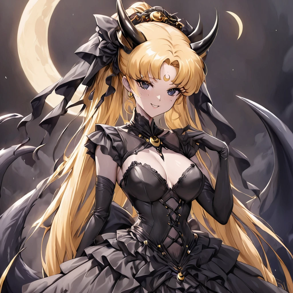 ((Highest quality)), ((masterpiece)), (detailed), （Perfect Face）、The woman is the Dark Queen of the Black Moon of the Black Moon Clan, the Demon Queen Black Serenity, and the woman is the sexy, jet-black-skinned demon princess Serenity.、The woman is a jet-black female demon with magnificent devil horns, jet-black devil wings, and a jet-black tail. Her skin is jet-black, and she has a black inverted crescent moon mark on her forehead. She is a devil bride wearing a gorgeous black Gothic Victorian wedding dress and a black wedding veil. She is the jet-black demon Princess Serenity, and has blonde hair with a happy expression as she looks at the camera.２The expression of a girl in love with her long hair tied up、Woman is Black Serenity、Punishment pose on behalf of the moon