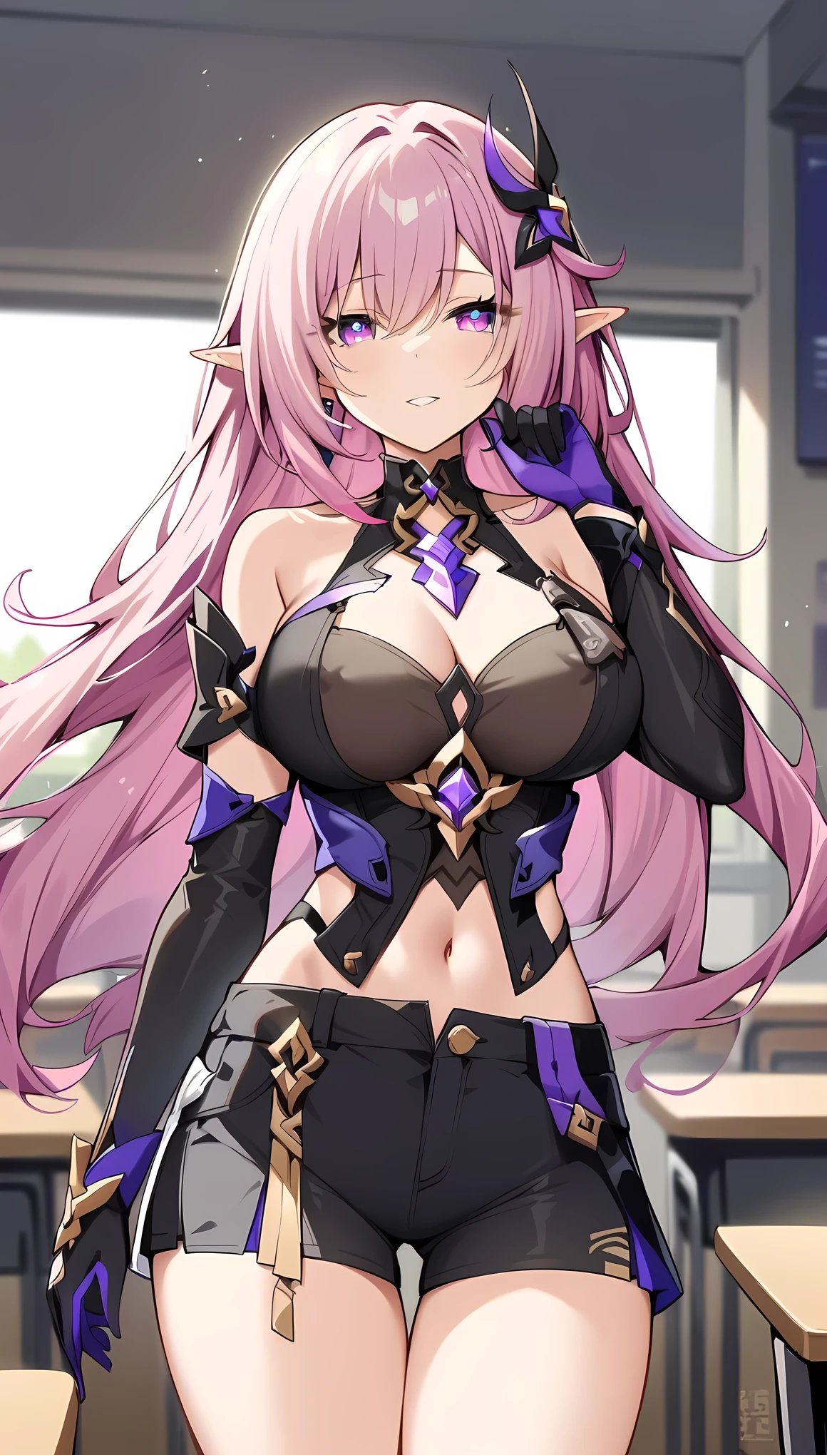 masterpiece, best quality, very aesthetic, absurdres,1girl,covered_nipples, ,elysia_(honkai_impact), honkai_(series), honkai_impact_3rd, elysia_(herrscher_of_human:ego)_(honkai_impact), 1girl, elbow_gloves, elf, hair_between_eyes, hair_ornament, multicolored_hair, pink_hair, pink_pupils, pointy_ears, purple_eyes, two-tone_hair,,Short shorts, skirt, turtleneck top,tareme,in classroom,front view,blur background,background defocus