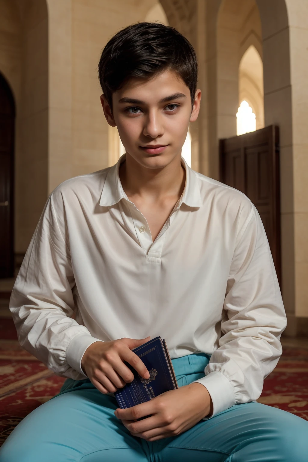 A beautiful young man, a cute male twink, with black hair, wearing a white long-sleeved shirt and aqua blue pants, and he is in the prayer mosque, reading the Qur’an, and he looks proudly, with a face with reddish makeup.