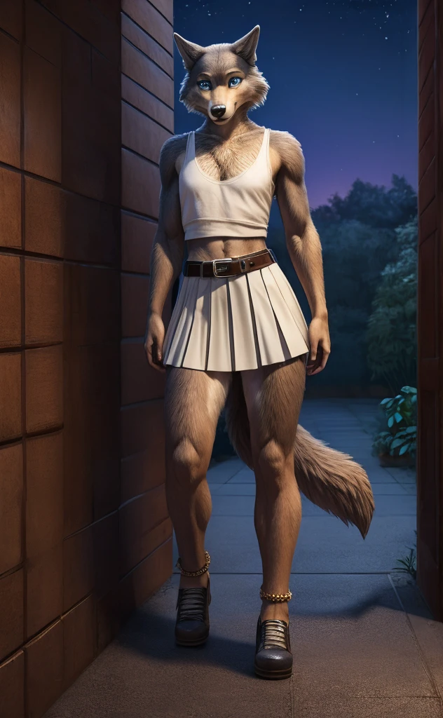 Juno is a gray wolf with curled brown fur and blue eyes. She is wearing her a long pleated white skirt decorated with two light blue horizontal lines near the hem, a thin tan belt, white anklet socks, and black Mary Jane shoes. anthro wolf, female, adult, brown fur, buffed body, tail, sexy, beefy body, furred body, furry chest hair, realistic, full body, photorealistic, ultra realistic, 8k, night, bare-chested