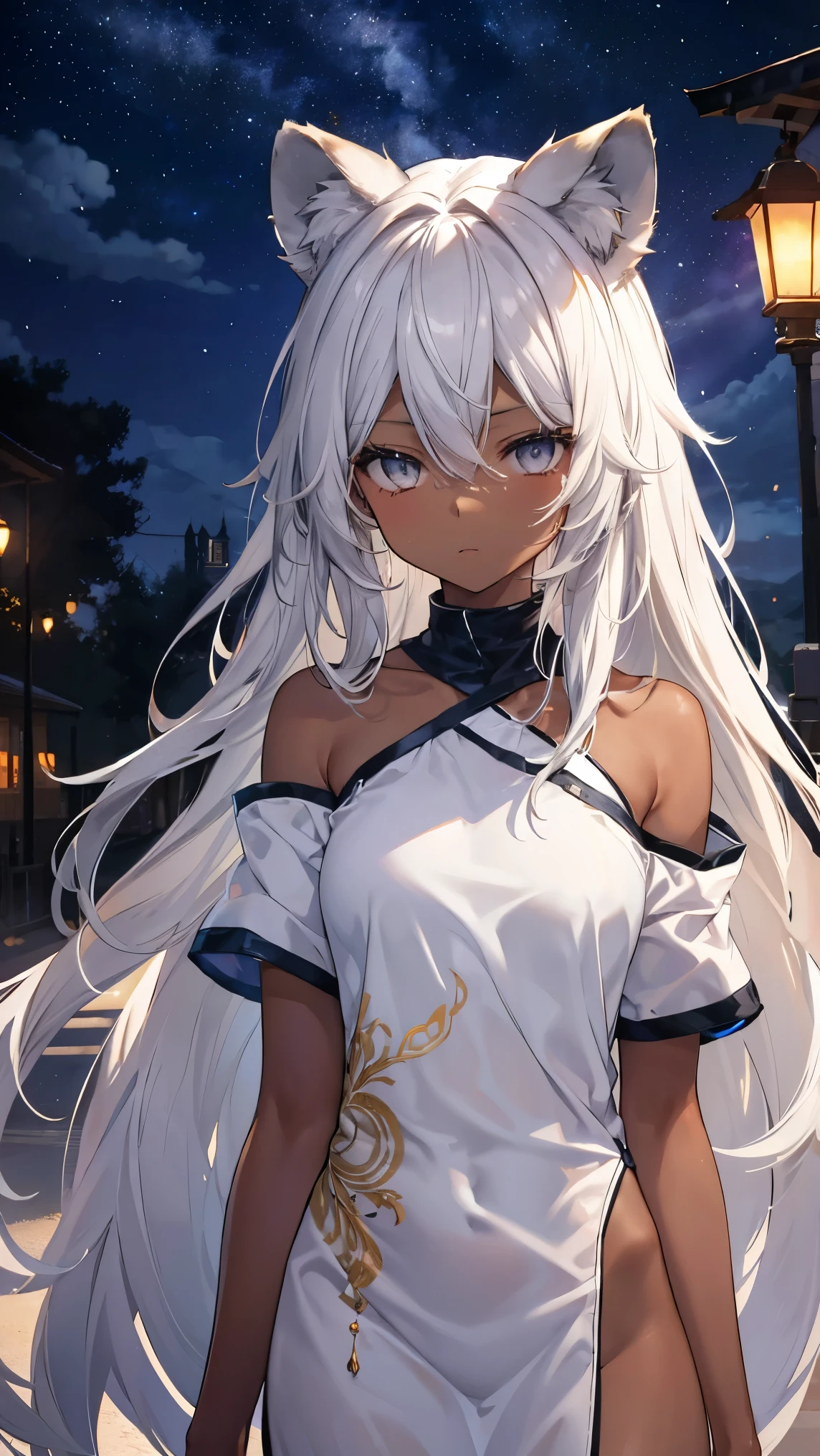High resolution、Girl、Silver Hair、Long Hair,(Brown skin,Dark Skin,Sunburn),Lion ears、Grey Eyes、Slender、Toned body、Naked T-shirt,Lantern,Starry Sky,Mansion,Put out your right shoulder,